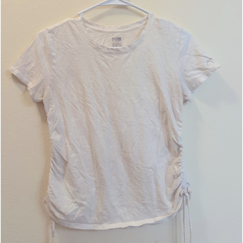 (XS) Victoria's Secret PINK White Short Sleeve Tee Shirt with Ruched Side